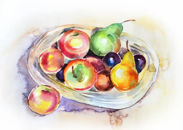 Акварель Натюрморт с корзинкой груши, яблоки и сливы — стоковое фото