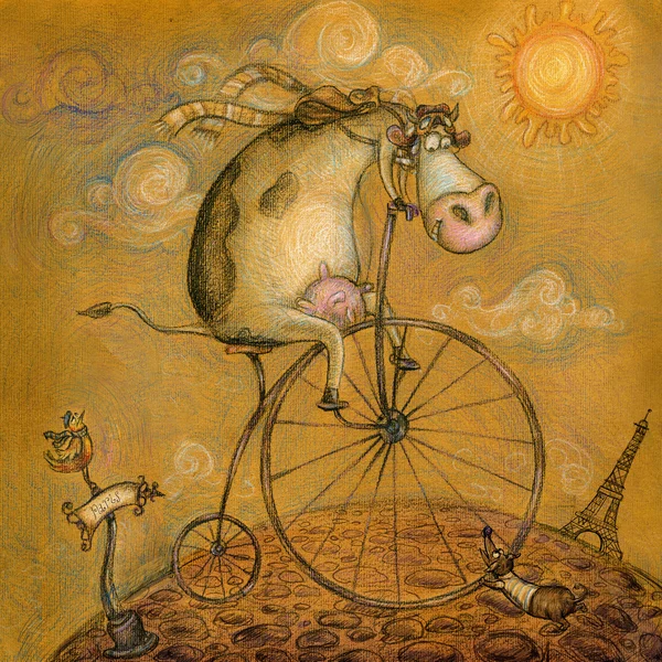 Милые коровы на иллюстрации background.children bicycle.vintage. мультфильм по-детски фон в старинных colors.eiffel башня в Париже, открытка в стиле рисованной — стоковое фото