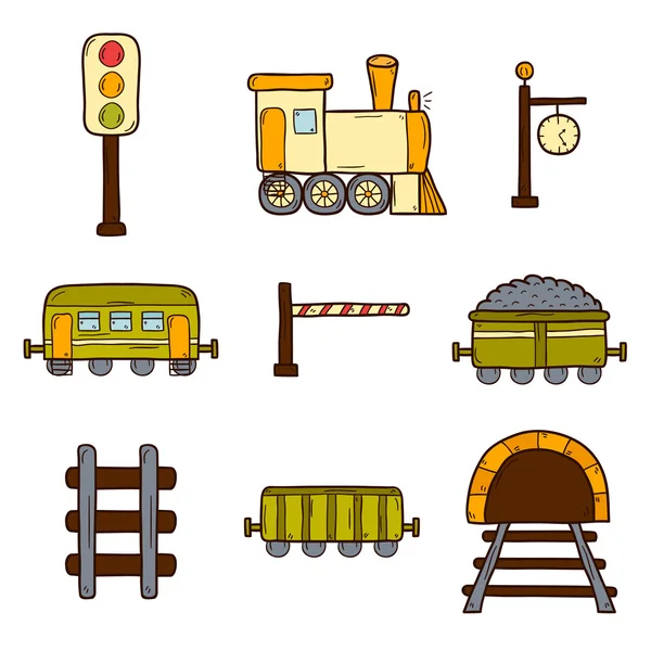 Набор рисованной железной дороги иконок: вагоны, семафор, железнодорожная станция часы, паровоз, барьер, тоннель. Транспортные грузоперевозки доставка или путешествия концепция — стоковый вектор