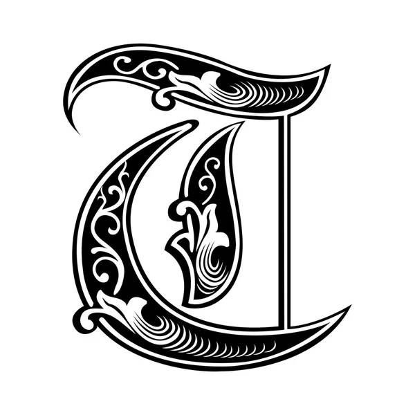 Красивые украшения Английский алфавиты, готический стиль, буква t — стоковый вектор