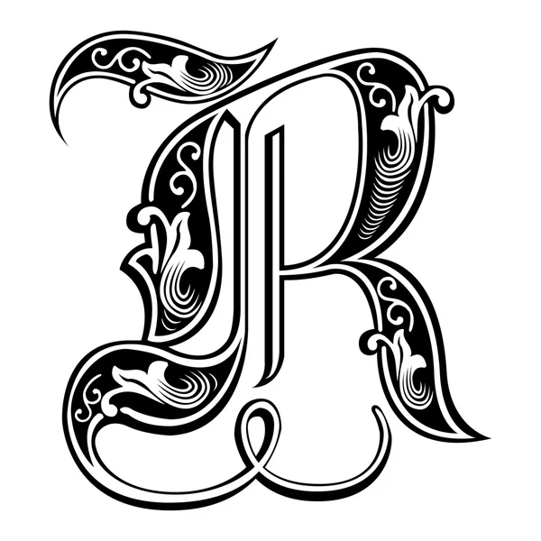 Красивые украшения Английский алфавиты, готический стиль, буква r — стоковый вектор