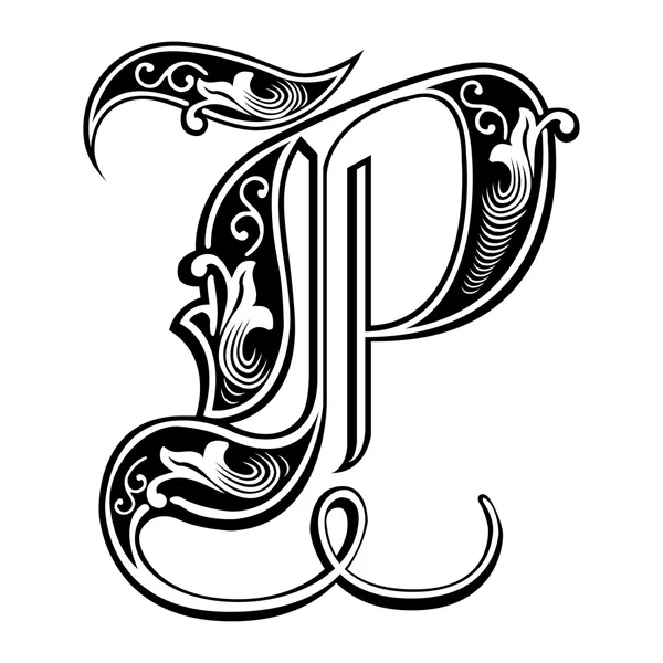 Красивые украшения Английский алфавиты, готический стиль, буква p — стоковый вектор