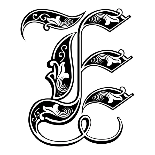 Красивые украшения Английский алфавиты, готический стиль, буква e — стоковый вектор