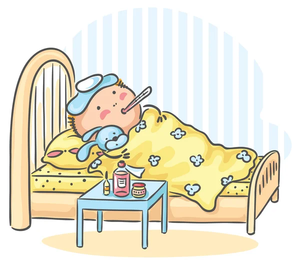 Ребенок получил гриппа и лежа в постели с термометром — стоковый вектор