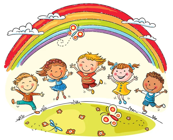 Дети, подскакивающие от радости под радугой — стоковый вектор