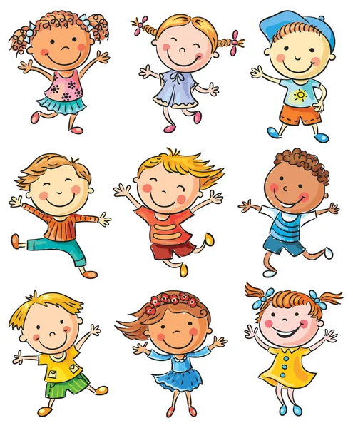 Девять счастливых детей, танцующих или подскакивающих — стоковый вектор