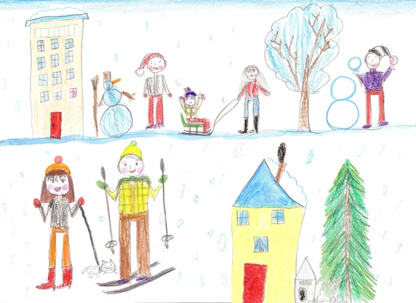Детей игры, Катание на лыжах и санках. Сделайте снеговика. Рисование k — стоковое фото