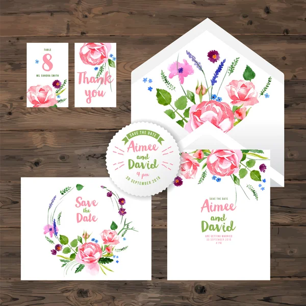 Свадебные открытки с акварель цветочные элементы — стоковый вектор