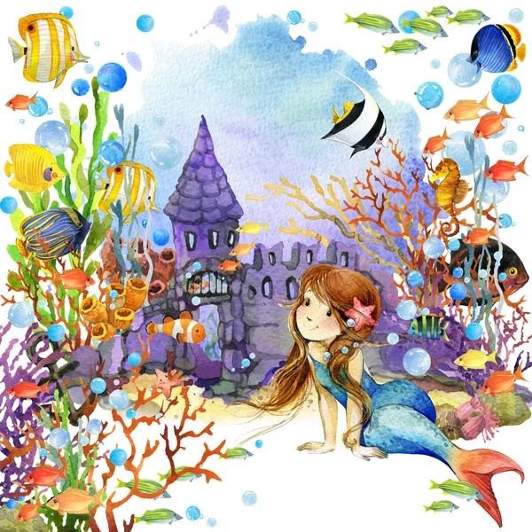 Подводный мир. Русалка и Рыба кораллового рифа. Акварельные иллюстрации для детей — стоковое фото