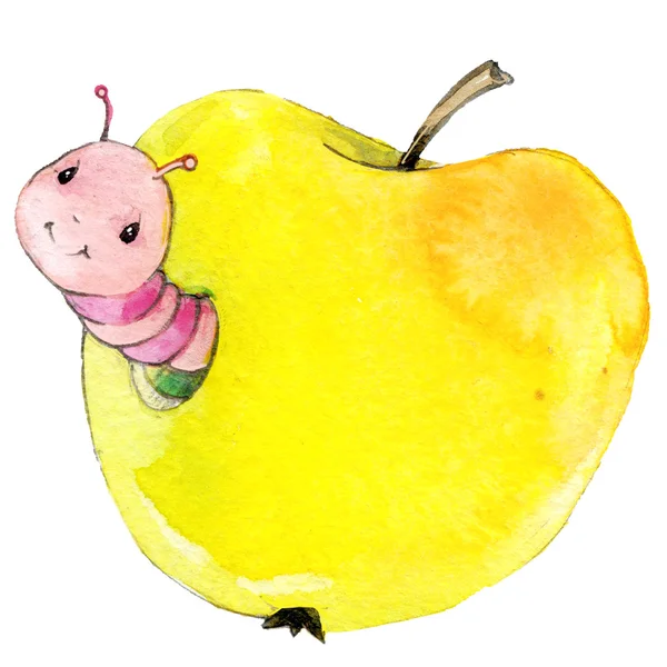 Мультфильм яблоко насекомое червь акварель иллюстрации. изолированных на белом фоне — стоковое фото