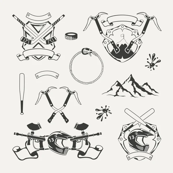Набор эмблем экстремальных видов спорта, значков, маркирует и разработанные элементы — стоковый вектор
