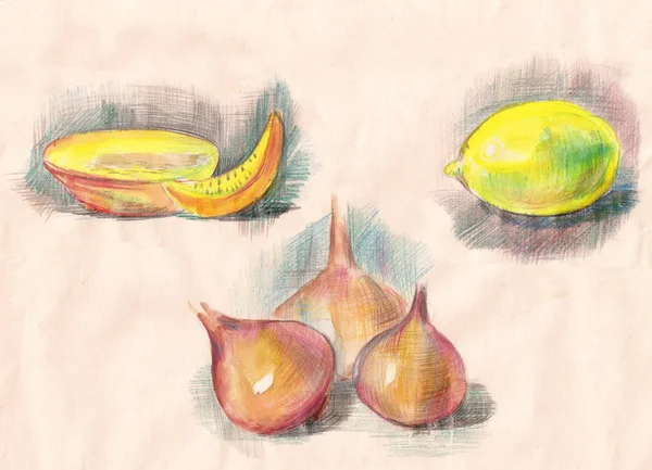 Набор овощей. лимон, дыни, лук. Обращается с цветными карандашами — стоковое фото