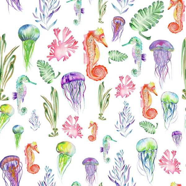 Pattern with watercolor seahorses, jellyfish and seaweed (algae) — стоковое фото