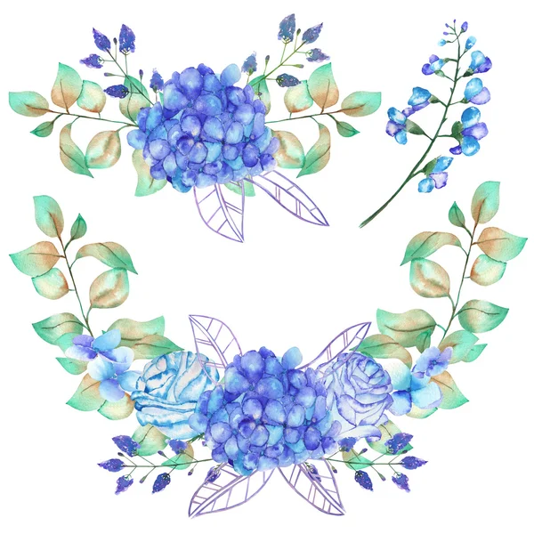 Набор акварельных букетов с голубыми цветы Гортензия, колокольчика цветы и зеленые листья и растения — стоковое фото