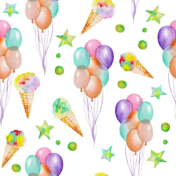 Бесшовный фон с акварелью рука нарисованные элементы партии или цирк: воздушные шары, мороженое и звёзд. Роспись на белом фоне — стоковое фото