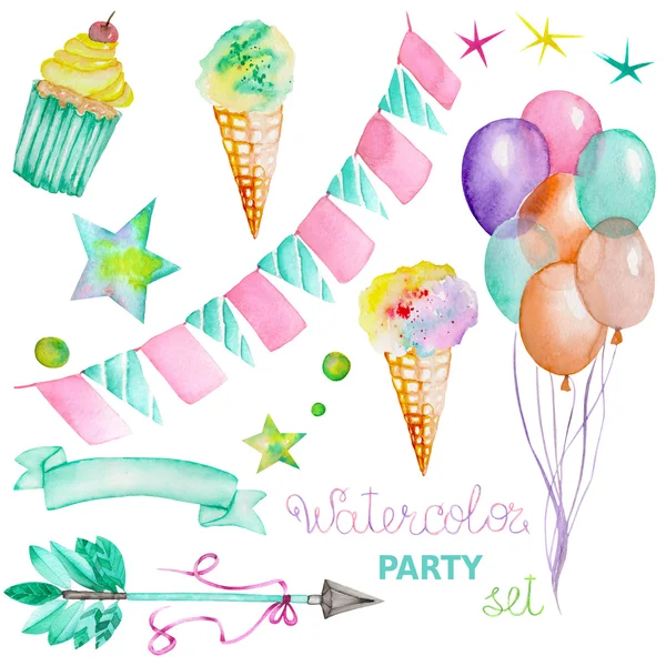 Акварель партия в виде гирлянды флаги, мороженое, воздушные шары, стрелка, ленты и звёзд — стоковое фото