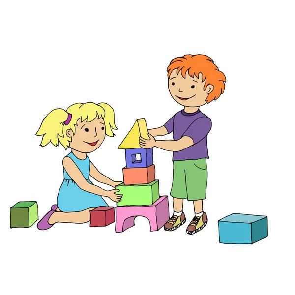 Маленькая девочка и мальчик играет с игрушкой блоков — стоковый вектор