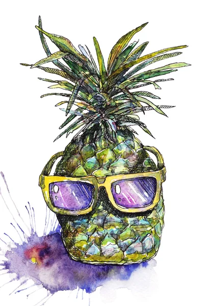 Акварельные иллюстрации ананаса в солнцезащитные очки — стоковое фото