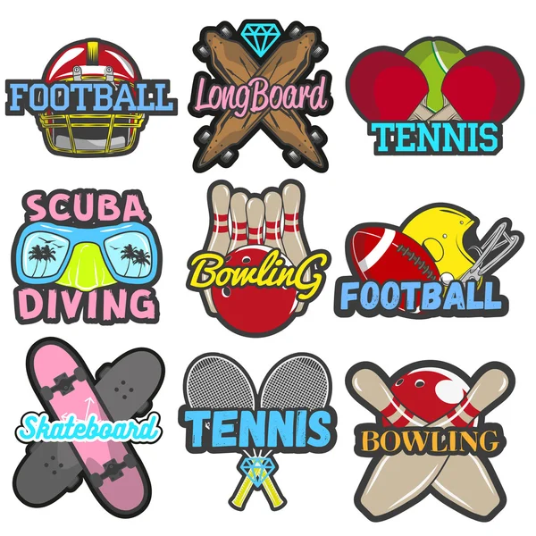 Vector set of sports emblems, badges, logos, labels, banners. Isolated templates bowling, tennis, skateboard, football, scuba diving, longboard in vintage style. Summer mood — стоковый вектор