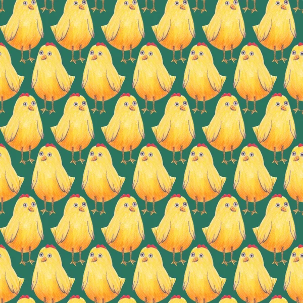 Бесшовный фон с Пасхальный узор с милые маленькие желтые кур на зеленый синий. Текстиль, подарочная упаковка бумаги. Цветные карандаши карандаш рисунок — стоковое фото