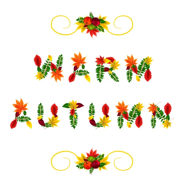 Осенью карта. Теплая осень. Красивые буквы, состоящие из красивых красный, желтый, зеленый и оранжевый осенние листья — стоковый вектор