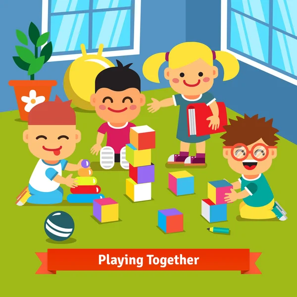 Дети играли вместе в детском саду комнате — стоковый вектор