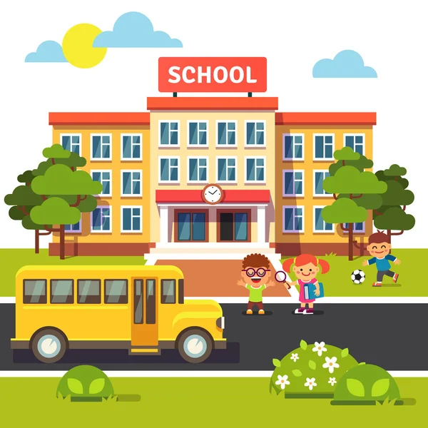 Здание школы, автобусы и студенты детей — стоковый вектор