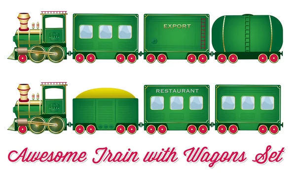 Поезд с вагонами зеленый паровоз — стоковый вектор