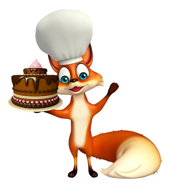 Фокс мультфильм характер шляпе шеф-повар с торт — стоковое фото