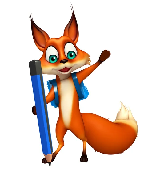 Весело Фокс мультипликационный персонаж с мешок школы и карандаш — стоковое фото