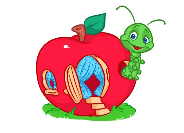 Apple красный червь дома небольшой мультфильм — стоковое фото