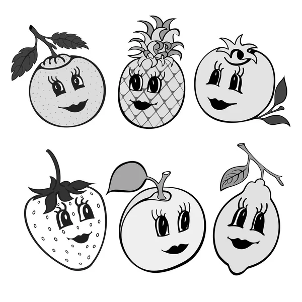 Набор 6 мультфильм смешной фруктов серая — стоковое фото