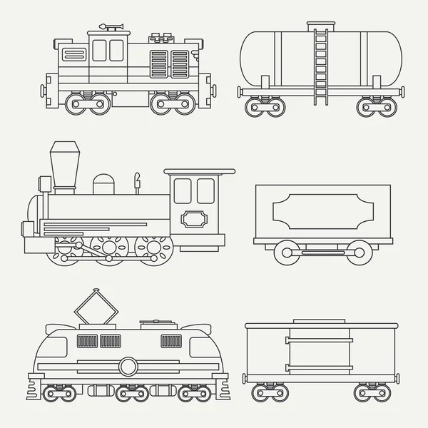 Линия поезда, современные и старинные грузовые вагоны и цистерны набор иконок. Пара, дизельные и электрические паровозы. Векторная иллюстрация — стоковый вектор