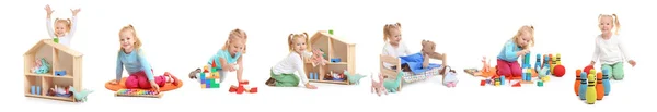 Коллаж счастливый маленькая девочка, играя с разными игрушками на белом фоне — стоковое фото