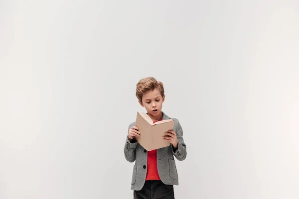 Концентрированные Маленький Школьник Читать Книги Изолированные Серый — стоковое фото
