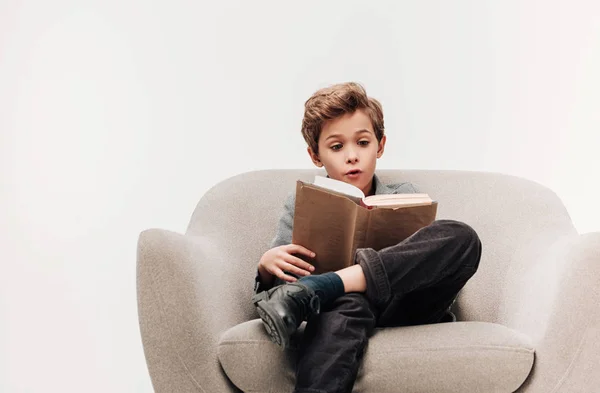 Возбужденных Маленький Школьник Читать Книги Кресло Изолированные Серый — стоковое фото