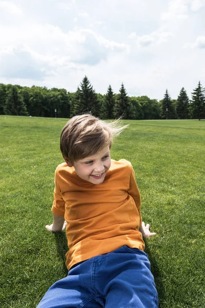 Мальчик, опираясь на зелёной лужайке — стоковое фото