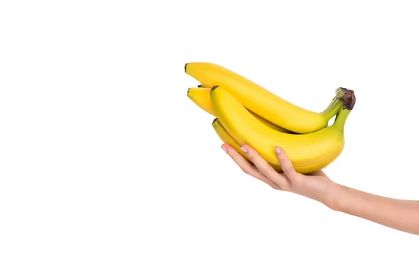 Макро Частичный Вид Женщина Держит Свежие Спелые Бананы Изолированные Белом — стоковое фото