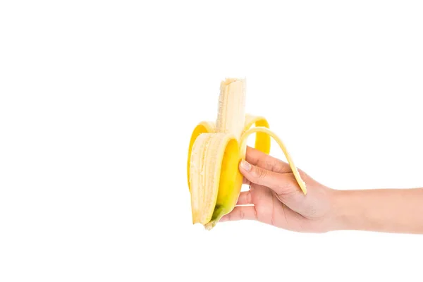 Обрезанный Снимок Женщина Держащая Руке Свежих Бананов Изолированные Белом — стоковое фото