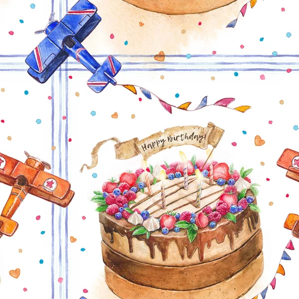Бесшовный фон акварель торт, ягоды, детей марочных самолеты — стоковое фото