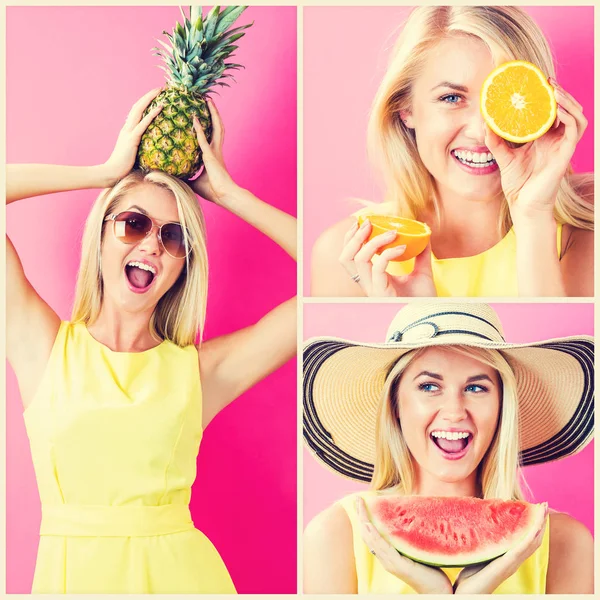 Девушка с свежими фруктами фото коллаж — стоковое фото