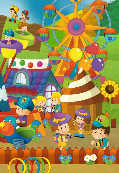 Мультфильм счастливые и смешные традиционная сцена с парк аттракционов - иллюстрации для детей — стоковое фото