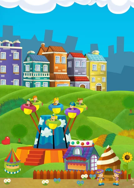 Мультфильм счастливые и смешные традиционная сцена с Парк развлечений и дети игры - иллюстрации для детей — стоковое фото
