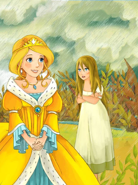 Принцесса, встреча другая девушка во время дождя на лугу — стоковое фото