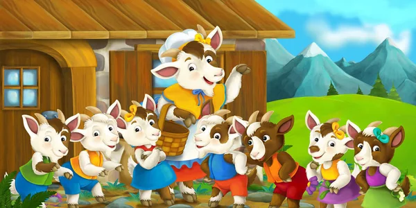 Мультфильм сцена с матерью козу и ее дети — стоковое фото