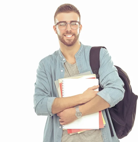 Ученик школы мешок Холдинг книги, изолированные на белом фоне — стоковое фото