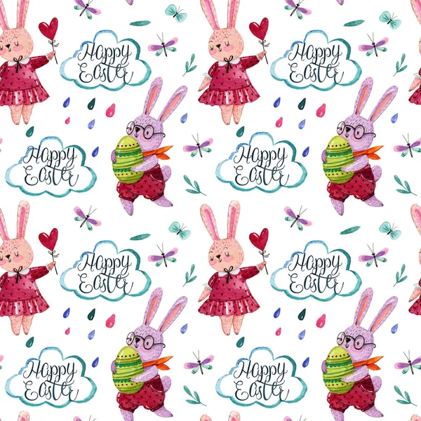Акварель Рука Рисунок Рисунок Милая Девочка Мальчик Кроликов Работать Яйцами — стоковое фото