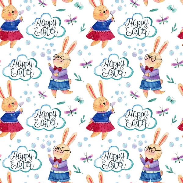 Акварель Руки Рисунок Рисунок Милая Девочка Мальчик Кроликов Работать Пузырьками — стоковое фото
