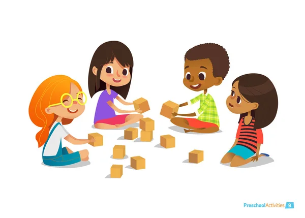 Смеясь и улыбаясь дети сидят на полу в кругу, играть с игрушкой кубов talk. Дети s развлечения, концепция деятельности дошкольного детского сада. Векторная иллюстрация для сайта, баннер, плакат — стоковый вектор
