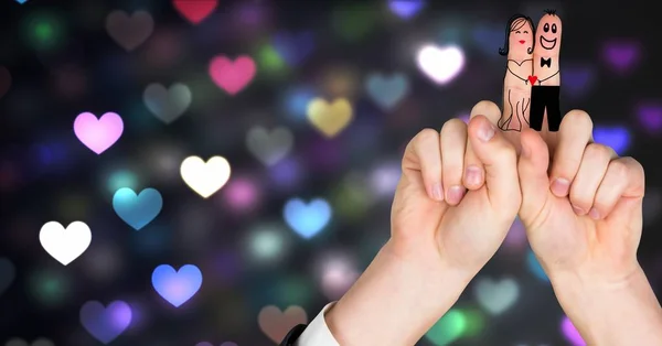 Цифровая Композитный Валентина Пальцы Влюбленная Пара Светящиеся Огнями Сердце Красочные — стоковое фото